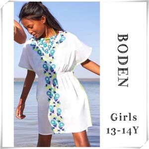 BODEN Girls Floral Embroidered Mexican Kaftan Dress in White / Blue/ Neon Yellow